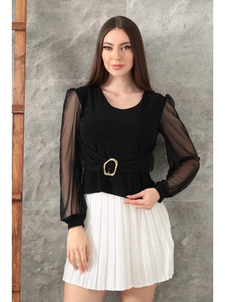 Tokalı tül kollu bluz siyah t4071