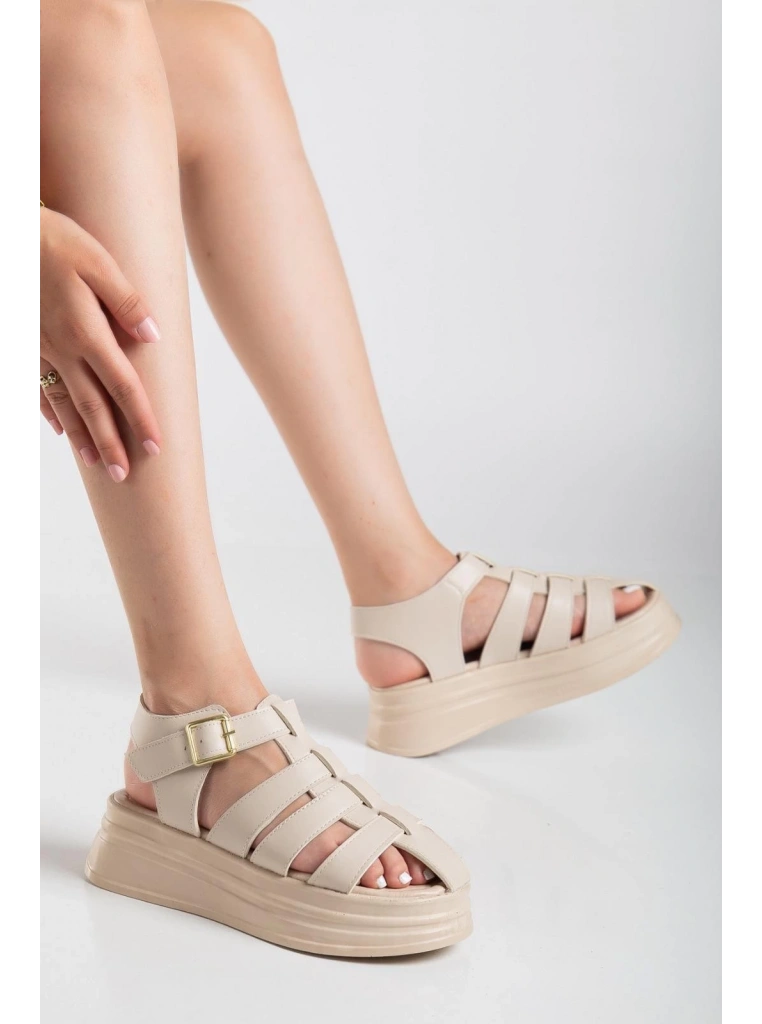 Toten Bej Cilt Kemerli Sandalet