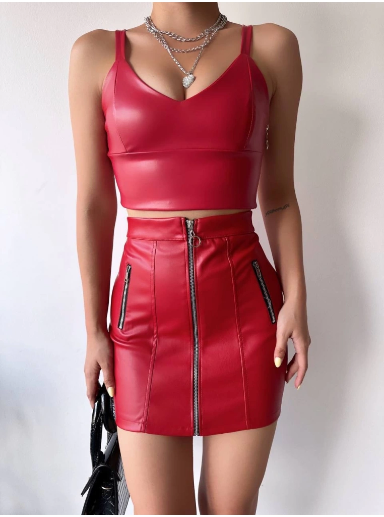 Üç fermuarlı deri etek bordo s24510