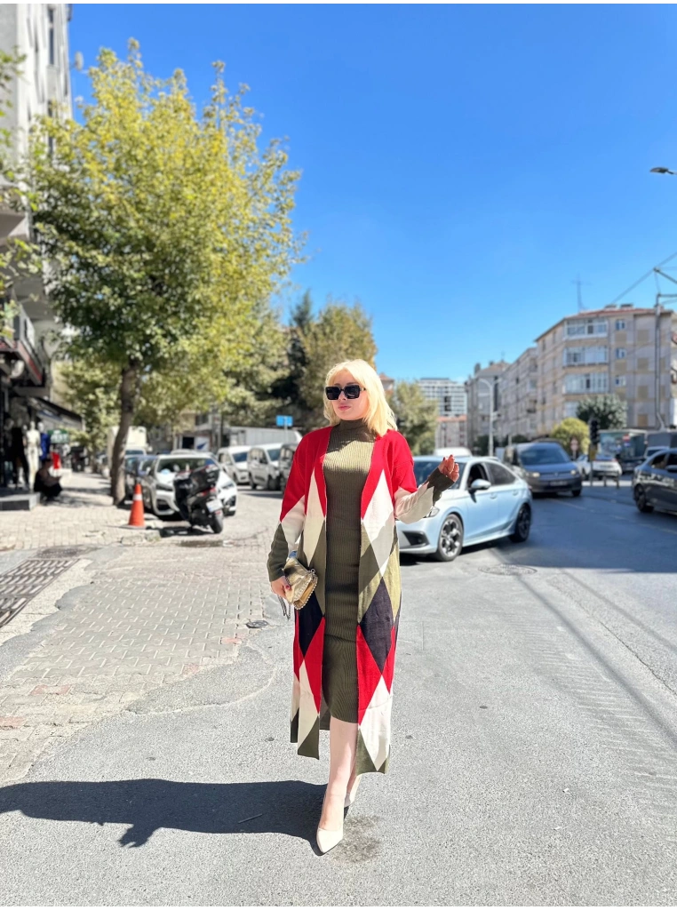 Uzun hırka içi elbise ikili triko takım ekose baklava desen haki kırmızı