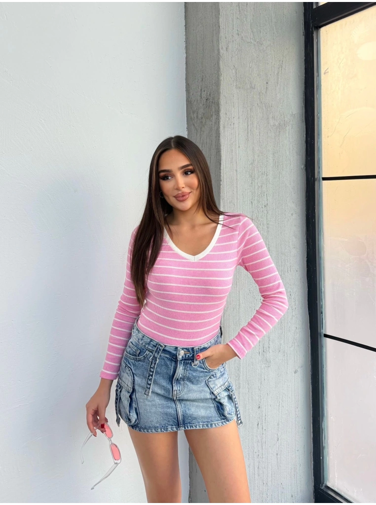 V yaka çizgili bluz pembe A3699