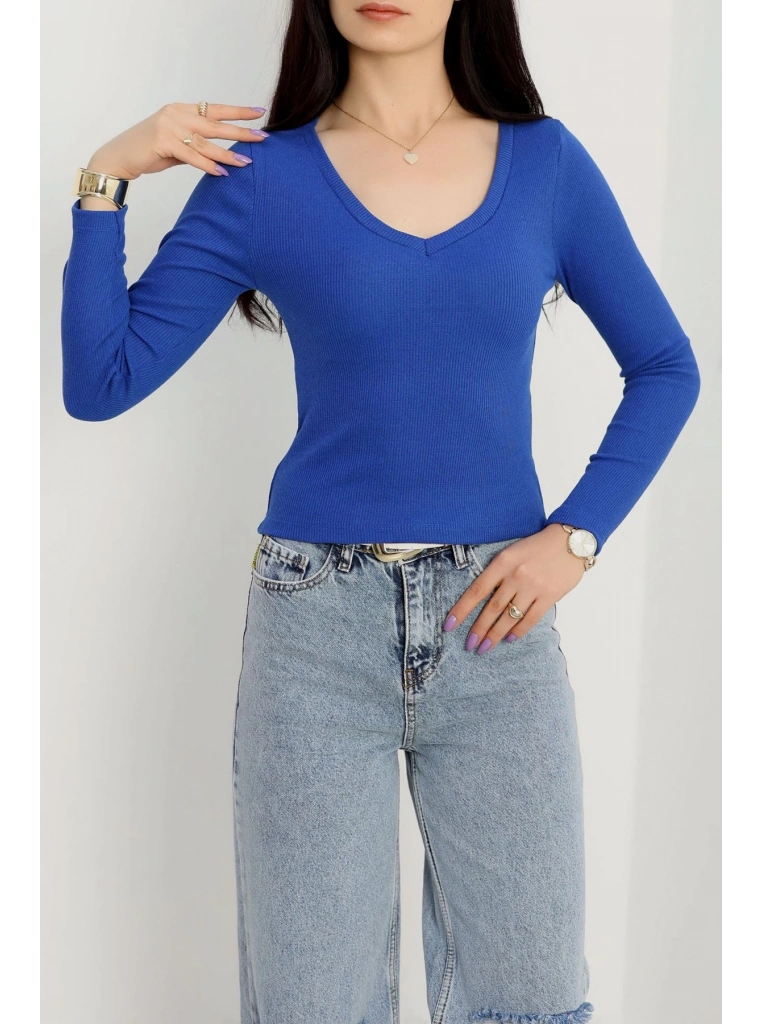 V yaka kaşkorse bluz saks mavisi a3699