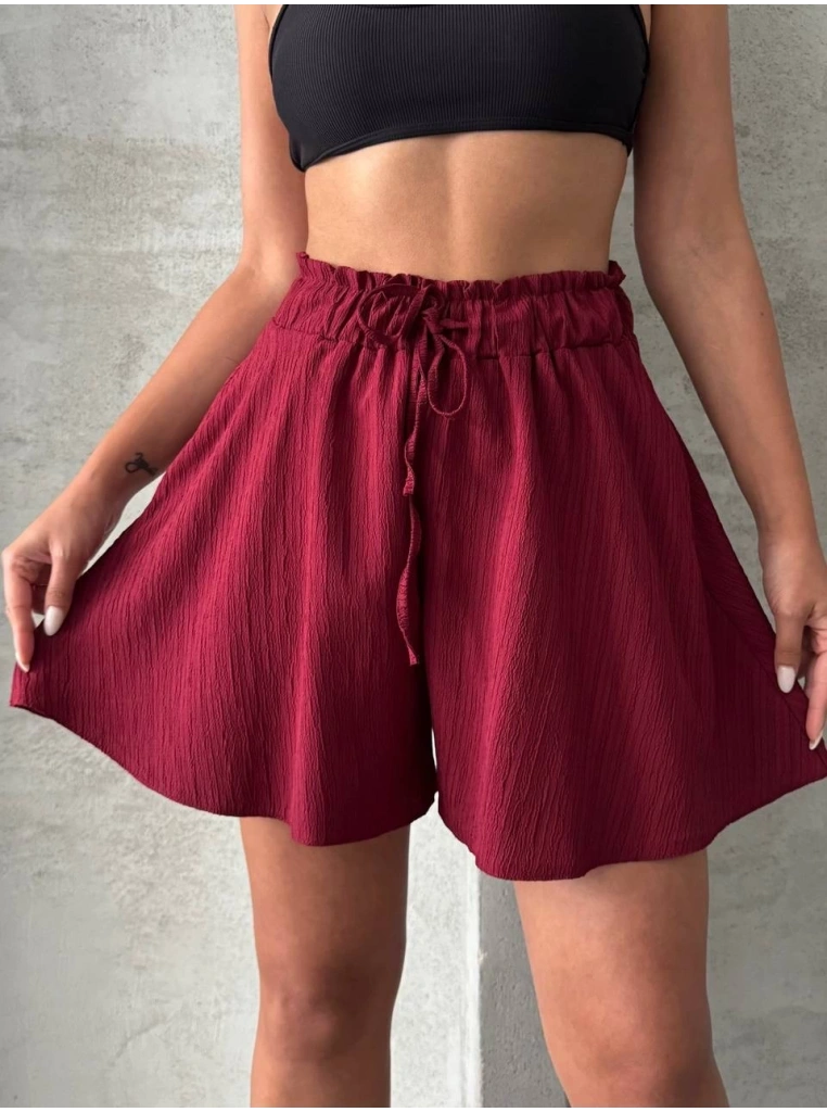 Volanlı keten şort bordo s255058