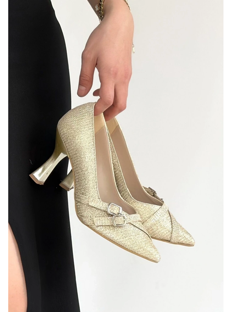 Wenda Gold Simli Cilt Topuklu Ayakkabı
