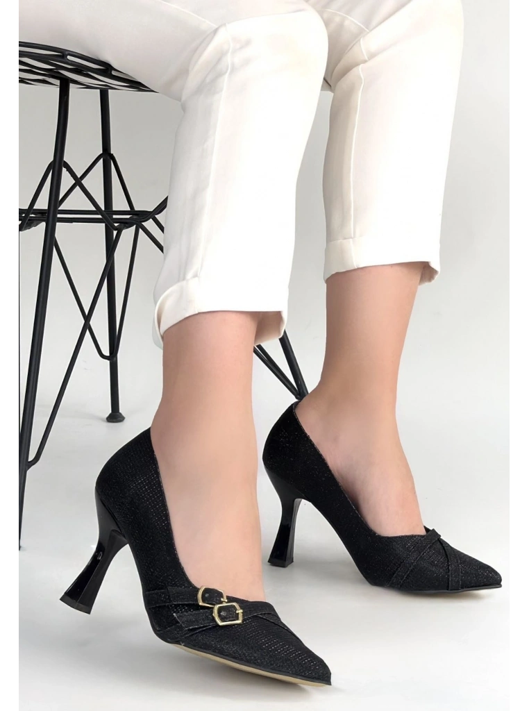 Wenda Siyah Simli Cilt Topuklu Ayakkabı