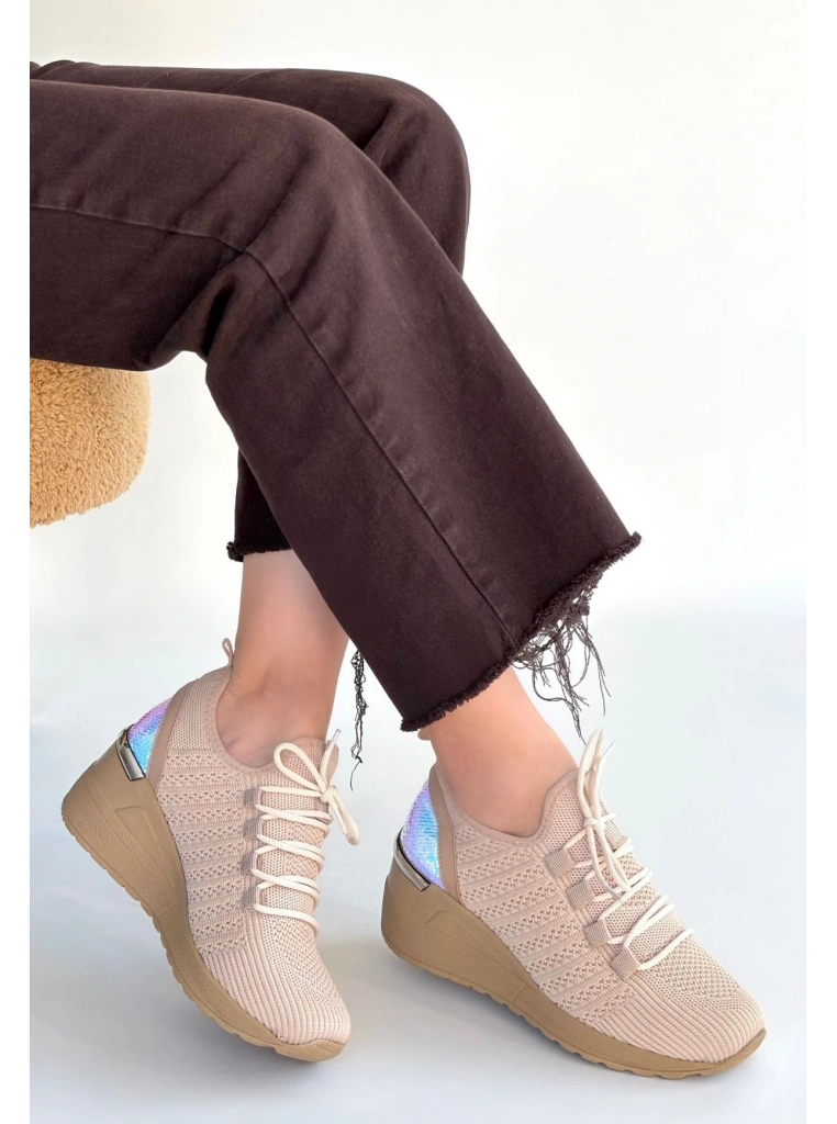 Weor Bej Triko Bağcıklı Spor Ayakkabı