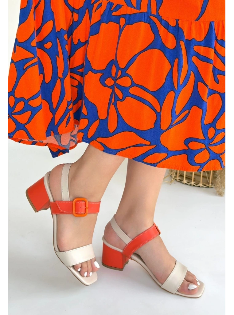 Year Bej Cilt Turuncu Detaylı Turuncu Topuklu Topuklu Ayakkabı