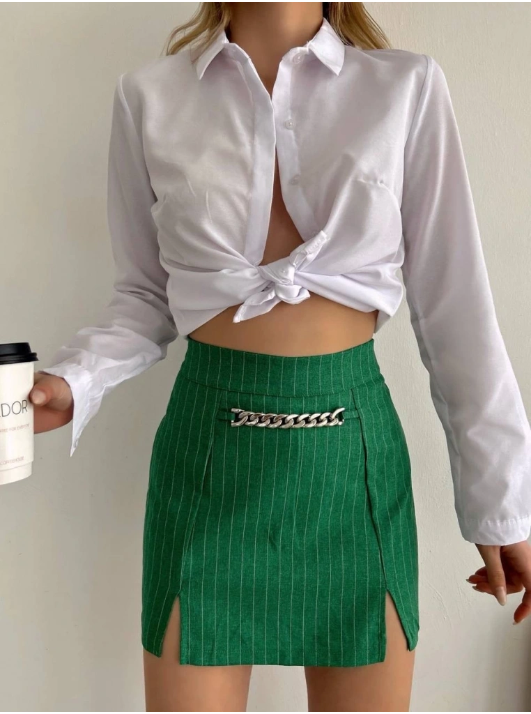 Zincir detaylı çizgili şort etek