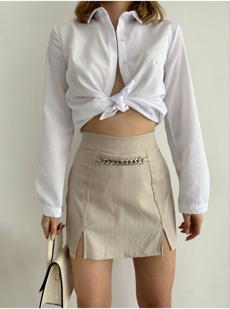 Zincir detaylı çizgili şort etek