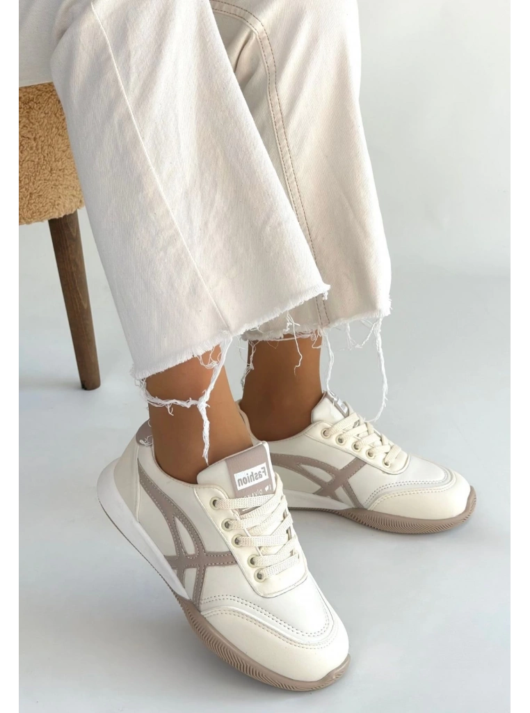 Zlay Bej Cilt Vizon Detaylı Bağcıklı Spor Ayakkabı