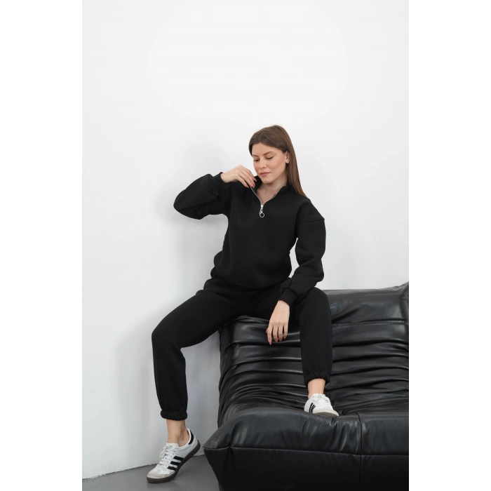 3 iplik içi Şardonlu yarım fermuarlı alt üst takım siyah