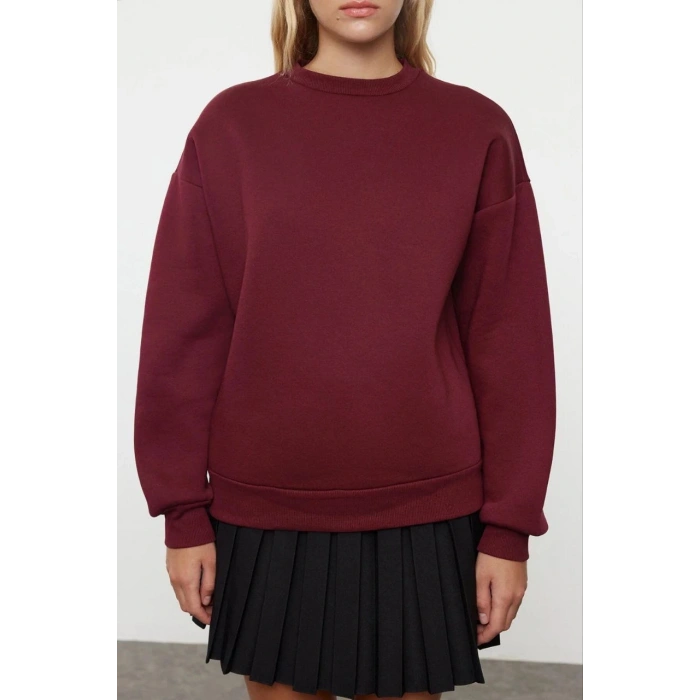 3 iplik şardonlu bisiklet yaka sweatshirt bordo