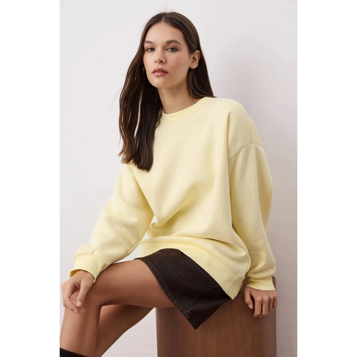 3 iplik şardonlu bisiklet yaka sweatshirt sarı