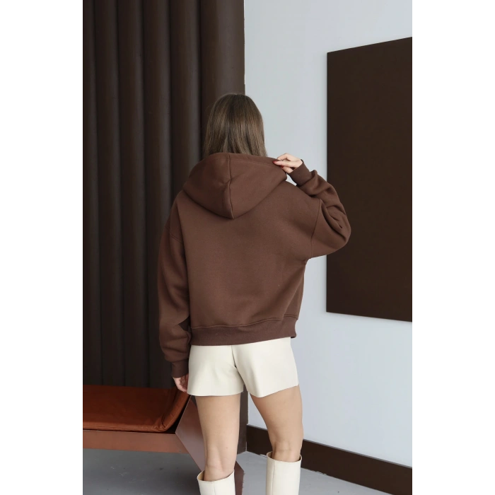 3 iplik şardonlu kapşonlu hoodie frm kahve p510437