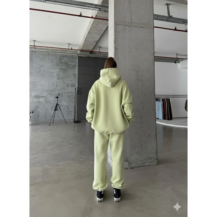 3 iplik şardonlu kapşonlu sweatshirt mint p510436