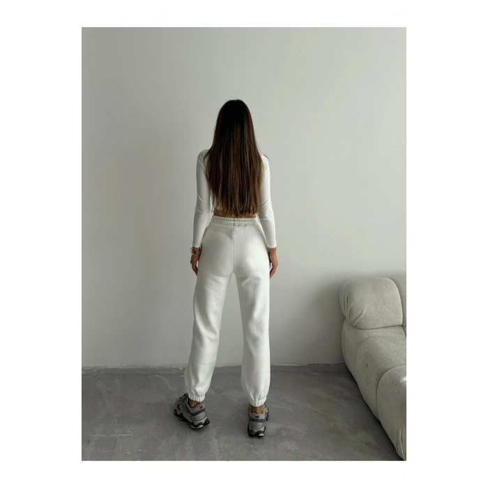 3 iplik şardonlu paça lastikli eşofman beyaz is001