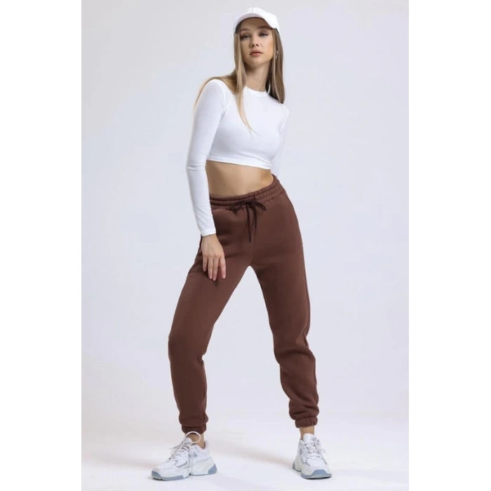 3 iplik şardonlu paça lastikli eşofman kahve is001