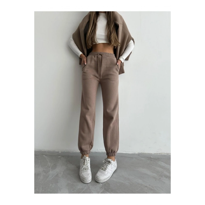 3 iplik şardonlu paça lastikli eşofman vizon is001