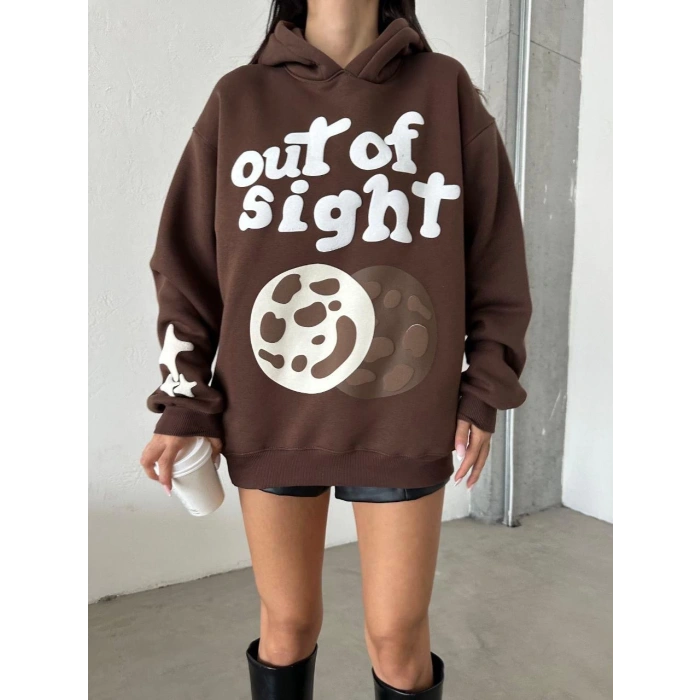 3 iplik şardonlu oversize out of baskılı sweat kahve