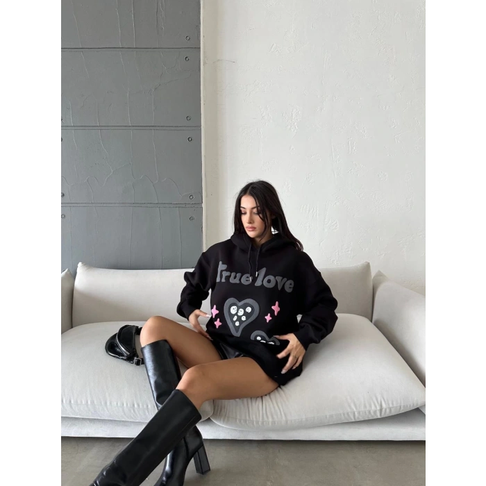 3 iplik şardonlu oversize true baskılı sweat siyah