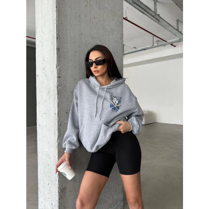 3 iplik şardonlu oversize kafa baskılı sweat gri