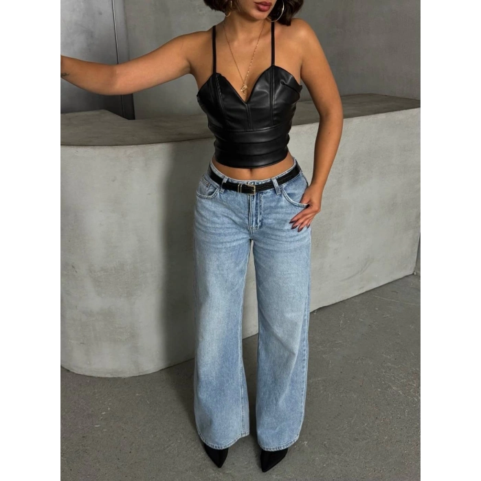 İp askılı yandan fermuarlı rastale deri crop siyah s24113