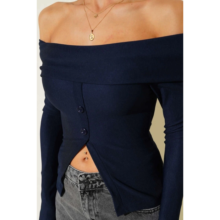 Madonna Yaka Düğmeli Bluz Lacivert t4329