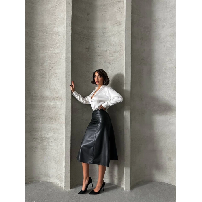 Komple parçalı deri etek siyah h26441