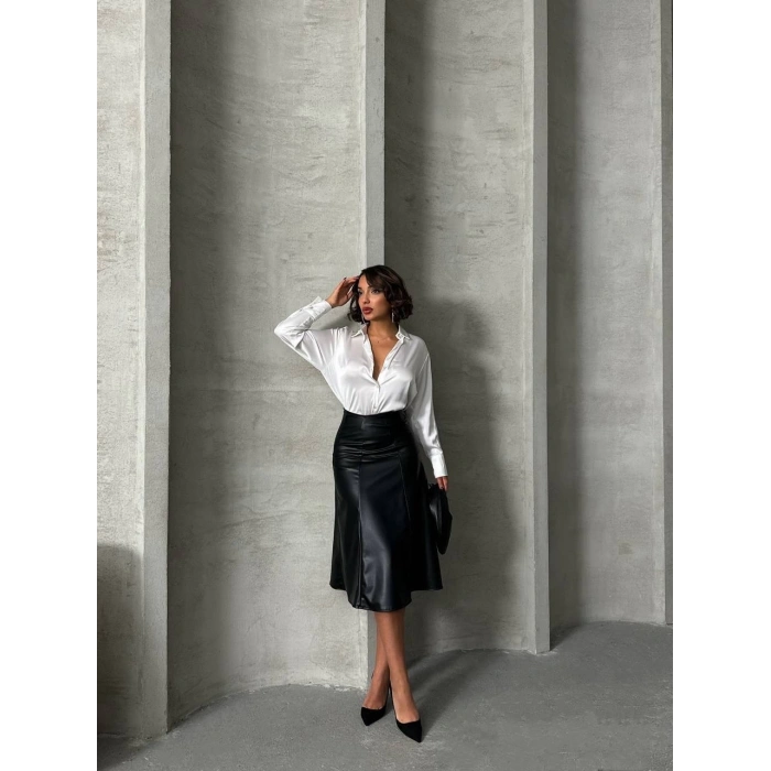 Komple parçalı deri etek siyah h26441