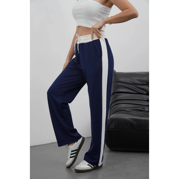 Şeritli garnili pantolon lacivert