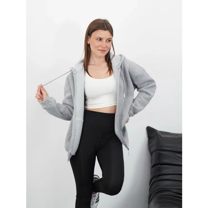 3 iplik şardonlu fermuarlı kapşonlu hırka gri
