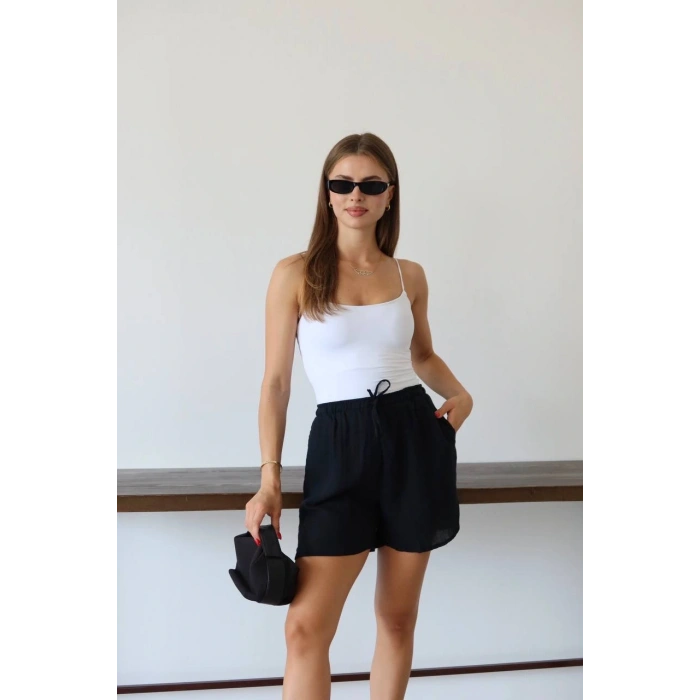 Müslin kumaş şort bağcıklı siyah pt
