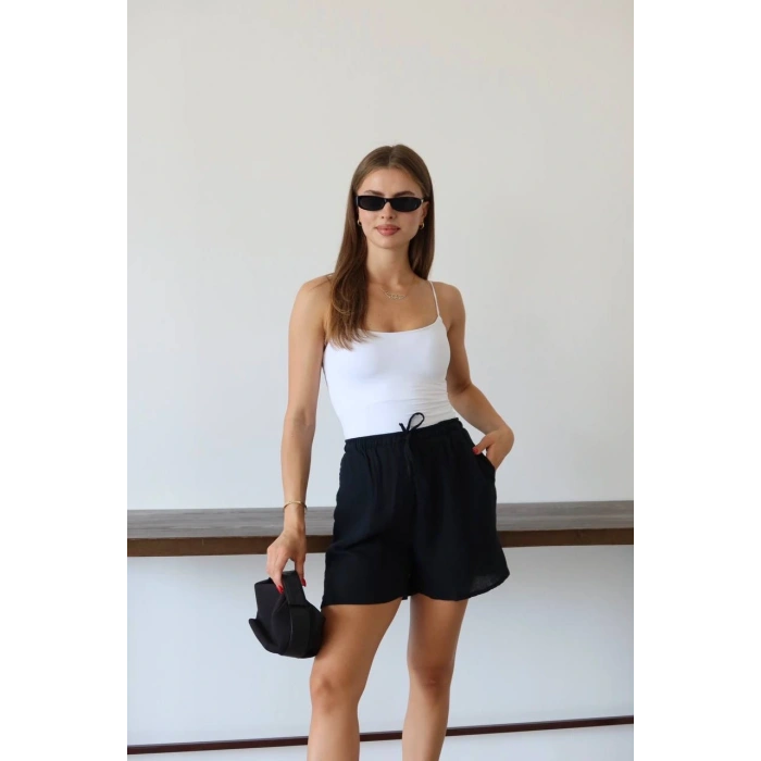 Müslin kumaş şort bağcıklı siyah pt
