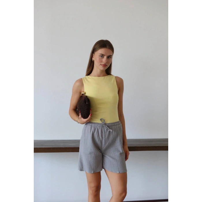 Müslin kumaş şort bağcıklı gri pt