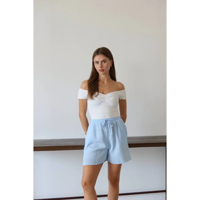 Müslin kumaş şort bağcıklı mavi pt