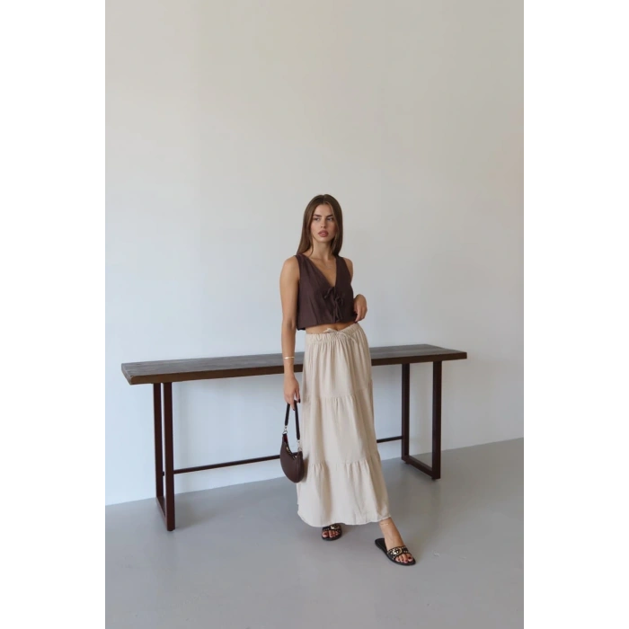 Müslin kumaş keten uzun etek bej pt