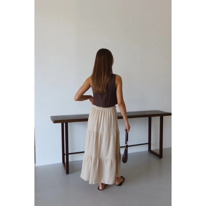 Müslin kumaş keten uzun etek bej pt