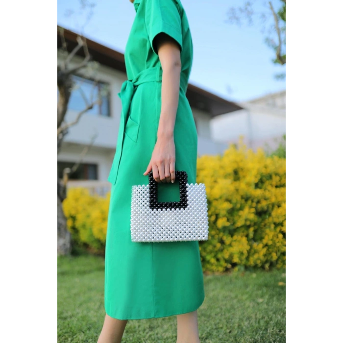 Çift renkli inci el yapımı çanta beyaz