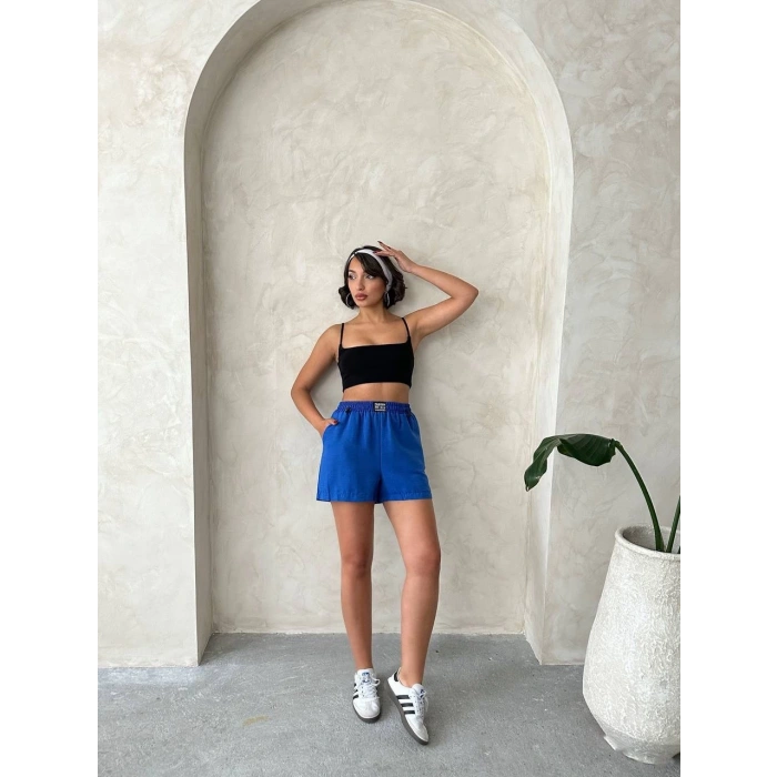 Armalı keten şort saks mavisi s251003