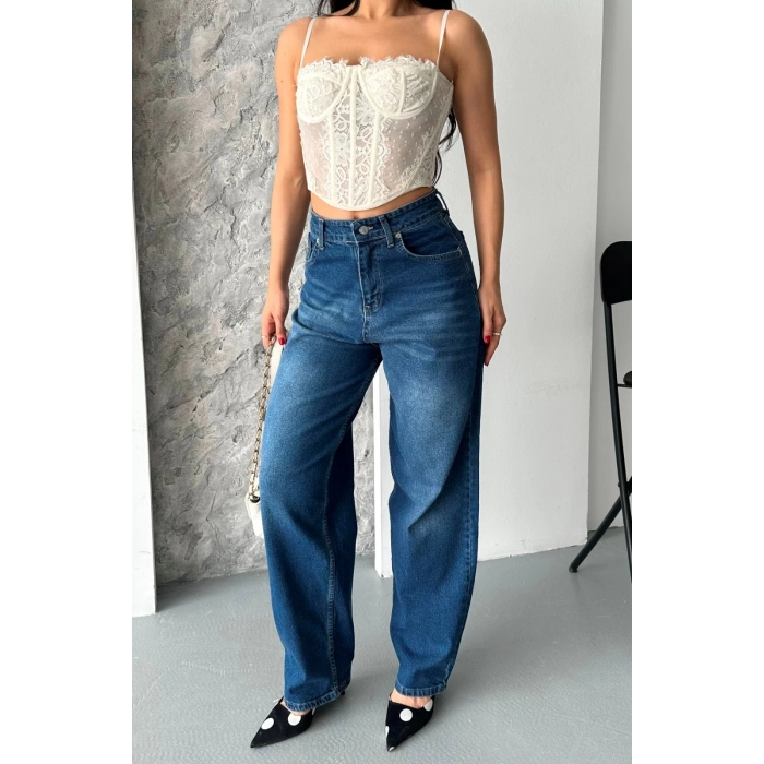 Baggy süper taş bıyık yıkama koyu mavi jeans pantolon d2007