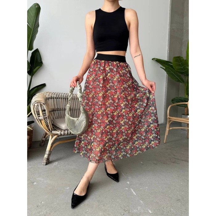 Baskılı astarlı uzun etek