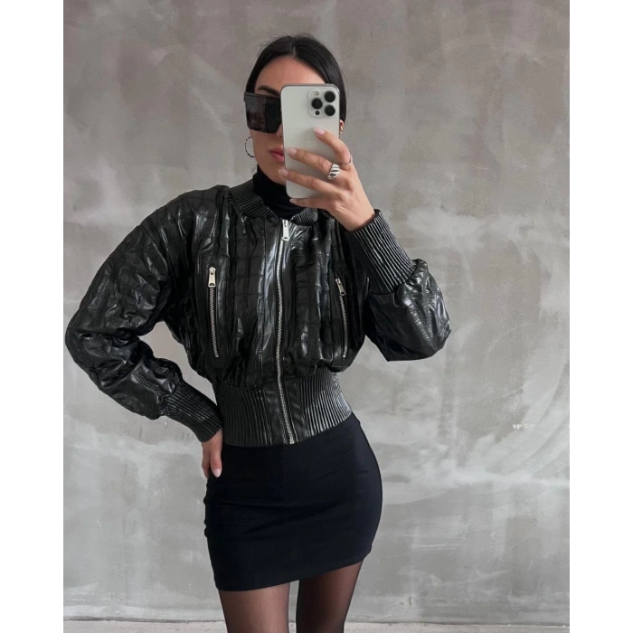Beli büzgülü crop deri ceket siyah