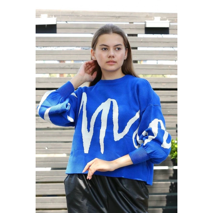 Beyaz çizgili bisiklet yaka kazak saksmavisi