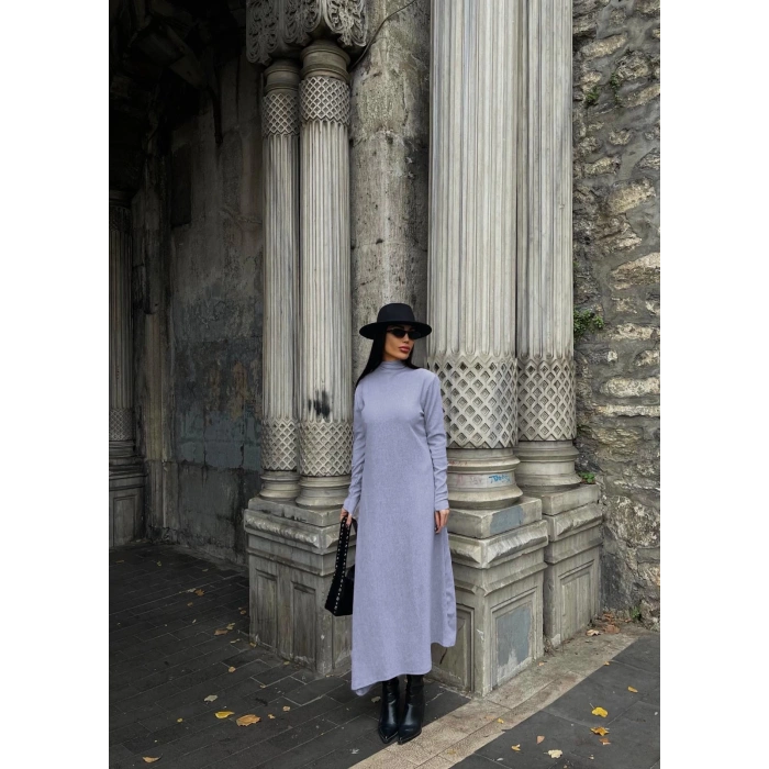 Boğazlı kalın bürümcük uzun elbise gri