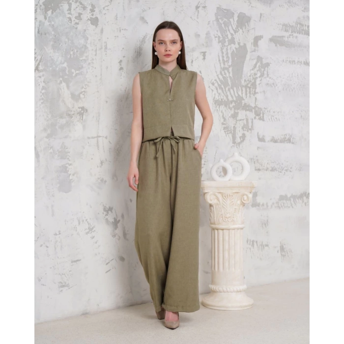 Broşlu yelek pantolon takım haki s255821