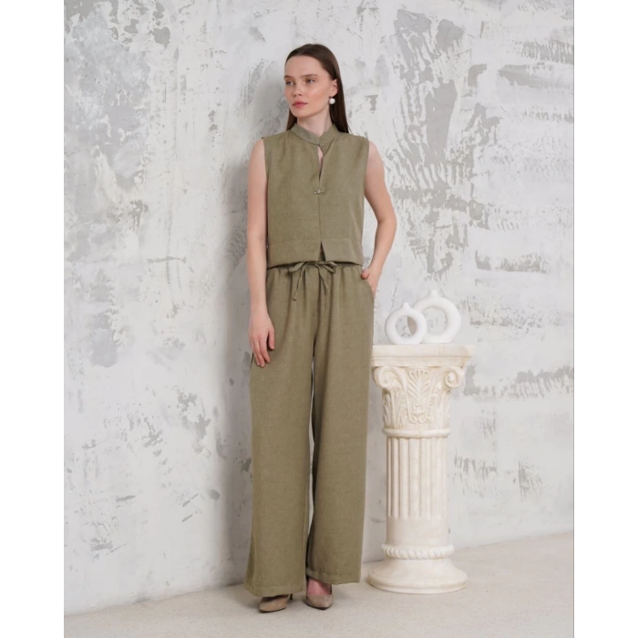 Broşlu yelek pantolon takım haki s255821