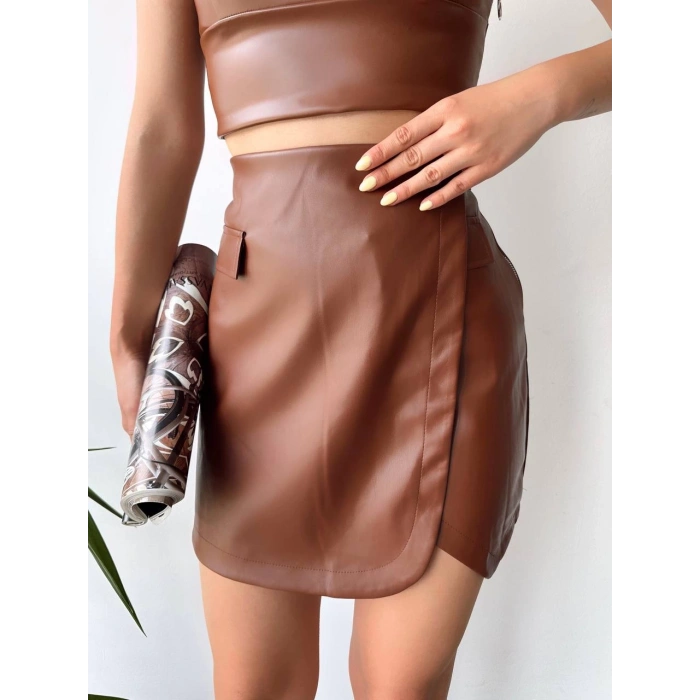 Cep detaylı oval kapaklı deri etek kahve h240048