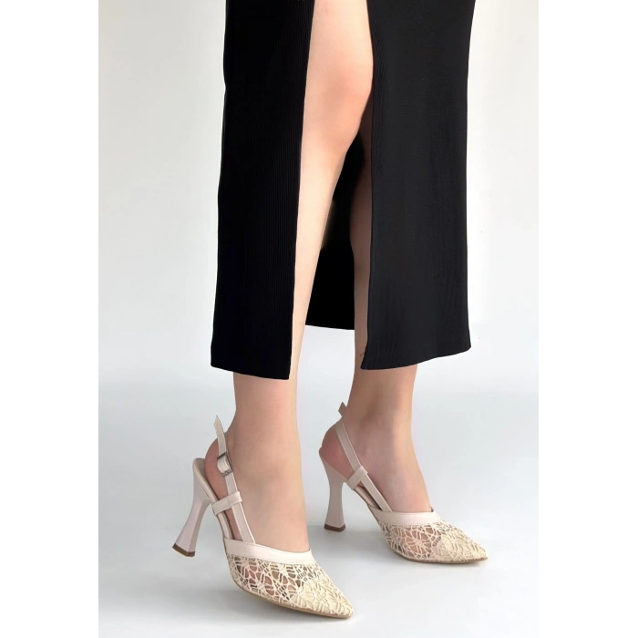 Ceta Bej Cilt Tül Detaylı Topuklu Ayakkabı