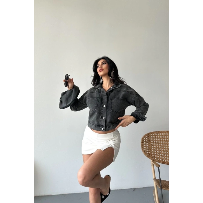 Çift cepli kol katlamalı süper taş enzim yıkama crop kot ceket füme d2000