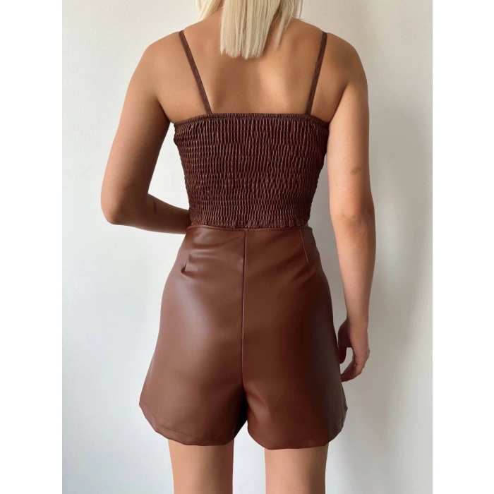 Çift fermuarlı deri şort kahve h24394